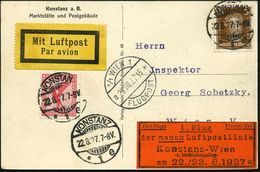 KONSTANZ/ *1e 1927 (22.8.) 1K-Gitter Auf Erstflug-Ak. (Postamt): Konstanz - Wien (OELAG) Rotes Dewitz-Label: 1.Flug.. Ko - Sonstige (Luft)