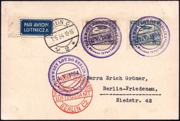POLEN 1934 (1.5.) Erstflug-Kt. DLH/ LOT: Warschau - Berlin , 3x Viol. Flp-SSt: Warszawa 19/PIER WSZY LOT DO BERLINA, Mot - Altri (Aria)