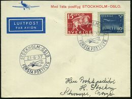 SCHWEDEN /  NORWEGEN 1937 (21.6.) Erstflug: Stockholm - Oslo (DNL) 2 X Blauer Flp-SSt: STOCKHOLM - OSLO/ FÖRSTA POSTFLYG - Altri (Aria)