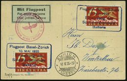 SCHWEIZ 1925 (10.5.) Sonderflug "Soldatendenkmal Basel", 2x Blauer SSt: Flugpost Basel - Zürich/ Einweihung.. (AS: ZÜRIC - Other (Air)
