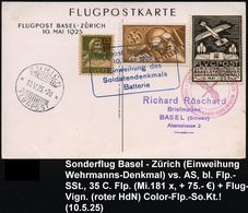 SCHWEIZ 1925 (10.5.) Sonderflug: Basel - Zürich (Pilot Koepke) Mit Flp-Marke 30 C., , Blauer Flug-SSt. + Viol.HdN + AS., - Sonstige (Luft)