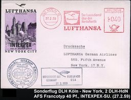 (22c) KÖLN 15/ Senator/ Der Luxusdienst/ über Den/ Nordatlantik/ LUFTHANSA 1959 (27.2.) AFS 040 Pf. + Ra.3: BEFOERDERT M - Andere (Lucht)