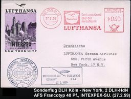 (22c) KÖLN 15/ Senator/ Der Luxusdienst/ über Den/ Nordatlantik/ LUFTHANSA 1959 (27.2.) AFS 040 Pf. + Ra.3: BEFOERDERT M - Otros (Aire)