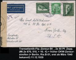 MÜNCHEN/ 1/ G/ HAUPTSTADT DER BEWEGUNG 1939 (11.12.) HWSt Auf 2x 50 Pf. Zeppelin U. 5 Pf. Hindenbg. + OKW-Zensurstreifen - Sonstige (Luft)