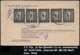 ECUADOR 1934 (Dez.) 2 C. Flp., Reine MeF: 2x 5er-Streifen (1x Rs. Ungest., 1x Vs.) 1K: GUAJAQUIL, Seltener Übersee-Flp.- - Altri (Aria)