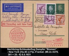 KÖLN/ A/ LUFTPOSTAMT 1931 (5.5.) 1K-Brücke Auf Frage-P. 8 Pf. Ebert + Adler 2x 15 Pf. U. 50 Pf. Etc., Katapultflug D. "B - Altri (Aria)