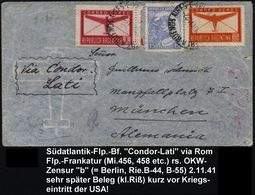 ARGENTINIEN 1941 (12.11.) Flp. 30 C. U. 1 Peso Etc. (Bf. Kl. Randkerbe), Hs. Zusatz: "Via Condor-Lati" + Rs. OKW-Zensur- - Andere (Lucht)