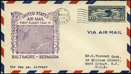 U.S.A. 1938 (16.3.) Erstflug (FAM 17): Baltimore - Bermuda, Hamilton , Viol. Flp.-HdN (Landkarte, 2 Blumen) 10 C. Flp.-F - Altri (Aria)