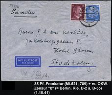 BERLIN W 15/ B 1941 (1.10.) 2K-Steg Auf 20 Pf. Hindenbg. + 15 Pf. Hitler, Rs. OKW-Zensurstreifen "b" + Roter 1K O. UB +  - Other (Air)