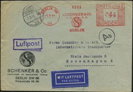 BERLIN SW/ 68/ SCHENKER & CO.. 1944 (1.6.) AFS 044 Pf. (Globus) + Schw. Durchlauf-Zensur-1K: A B (= Berlin, Rie.B-32) +  - Andere (Lucht)