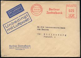 (1) BERLIN-CHARLOTTENBURG 2/ Berliner/ Zentralbank 1953 (24.9.) AFS 025 Pf. Auf Dienst-Bf.: Berliner Zentralbank Mit Vor - Andere (Lucht)