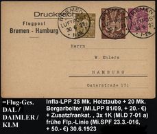 BREMEN/ LUFTPOST/ ** 1923 (30.6.) 1L-Segment (Mi.D 7-01 A) Auf PP 25 Pf. Taube + 20 Mk. Bergarbeiter: Flugpost Bremen -  - Altri (Aria)