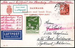 DÄNEMARK 1929 (31.7.) 15 Öre Ausl.-Frage-P "Kogge" Rot + Zusatzfrankat. Flp 10 Öre, Grün (Mi.143) 2x 1K-Steg: KÖBENHAVN/ - Sonstige (Luft)