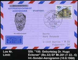 799 FRIEDRICHSHAFEN 1/ 100./ Geburts-/ Tag/ Dr.Hugo Eckener 1968 (10.8.) SSt = Brustbild Eckener , EF 70 Pf. TU Berlin ( - Andere (Lucht)