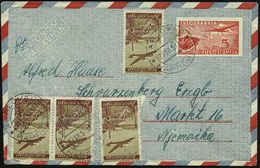 JUGOSLAWIEN 1951 (29.12.) LU 5 Din., Rot + Zusatzfrankat. 4x 0,50 Din. Flp. (Mi.4x 515) 3x 2K: KARLOVAC  (rs.Klappenriß) - Andere (Lucht)