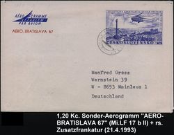 TSCHECHOSLOWAKEI 1993 20 Kc. Sonder-Aerogramm: AERO-BRATISLAVA 67 = Helikopter (= Luftpost-Ausstellung) + Rs. Zusatz-Fra - Sonstige (Luft)