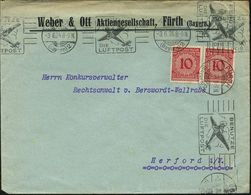 FÜRTH/ (Bayern)2/ BENUTZE/ DIE/ LUFTPOST 1924 (3.6.) Sehr Früher BdMWSt = Junkers "F 13" , 2 Abdrucke! Auf MeF 10 Pf. Ko - Other (Air)