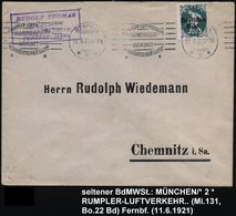 MÜNCHEN/ *2*/ RUMPLER-LUFTVERKEHR/ FLUGPOSTVERKEHR/ ..NORDDT.LLOYD 1921 (11.6.) Gesuchter U. Seltener BdMWSt Ungewöhnlic - Altri (Aria)