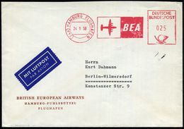 (24a) HAMBURG FLUGHAFEN/ BEA 1958 (24.1.) AFS 025 Pf. = Hauspostamt Flughafen (stilis. Flugzeug) Firmen-Bf.: BEA.. HAMBU - Sonstige (Luft)