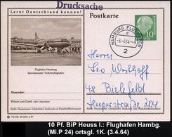 2 HAMBURG FLUGHAFEN/ D 1964 (3.4.) 1K = Hauspostamt Flughafen Fuhlsbüttel Klar Auf Passender BiP 10 Pf. Heuss: Flughafen - Andere (Lucht)