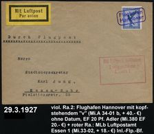 Hannover/ Flughafen 1927 (29.3.) Viol. Ra.2 Mit Abart , Kopfstehendes "v" (Mi.A 34-01 B + 40.- EUR) Auf EF 20 Pf. Adler  - Altri (Aria)