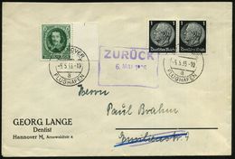 HANNOVER/ A/ FLUGHAFEN 1936 (5.5.) 2K-Steg 2x + Viol. Ra.2: ZURÜCK.. , Klar Gest. , Portorichtiger Orts-Retour-Bf. (Mi.A - Altri (Aria)