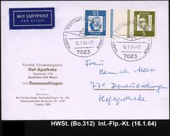 7023 STUTTGART FLUGHAFEN/ Intern.Airport 1964 (16.1.) HWSt = Hauspostamt Flughafen (Logo) 2x Klar Auf Inl.Flp.-Kt. (Bo.3 - Sonstige (Luft)