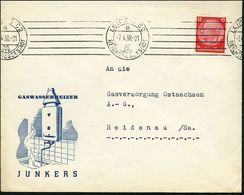 Leipzig C 2 1938 (Apr.) Reklame-Bf.: GASWASSERHEIZER JUNKERS (Gas-Therme, Spüle) Rs. Abs.-Vordr.: ..Generalvertretung De - Vliegtuigen