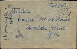 DEUTSCHES REICH 1943 (8.4.) Stummer 2K-Steg: "b/über" = Tarnstempel, Seltene Form + Viol. 1K-HdN: Fp. Nr. L 09742 = 4. S - Avions