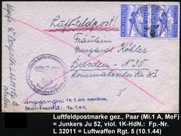 DEUTSCHES REICH 1944 (10.1.) Gez. Luftfeldpost-Marke Ju 52, Reine MeF = Paar, 1K: FELDPOST + Viol. 1K-HdN: ..Feldpost-nu - Avions