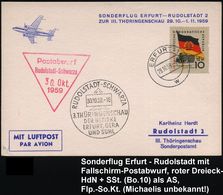Erfurt /  Rudolstadt 1959 (29.10.) 2K-Steg: ERFURT 1/w + HWSt: RUDOLSTADT-SCHWARZA/3.THÜRINGENSCHAU + Amtl. HdN: (Fallsc - Parachutespringen