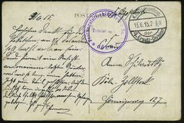DT.BES.BELGIEN 1915 (13.6.) 1K-SBrücke: K. D. Feldpostexp./der/4. Ersatz-Division (Nr.1335) + Viol. 2K-HdN: Festungs-luf - Zeppeline