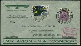 BRASILIEN 1933 (6.9.) 6. SA-Rückfahrt LZ 127, Flp.-Frankatur, 2x 2K: SAO PAULO/CORREO AEREO Condor-SU. + Rs. Grüner Zepp - Zeppelines