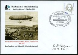 67098 BAD DÜRKHEIM/ Prall-Luftschiff/ August V.Parseval.. 2001 (7.10.) SSt = Parseval-Luftschiff, Motivgl. PU 110 Pf. Di - Zeppelins