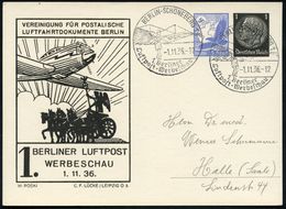 BERLIN-SCHÖNEBERG !/ 1.Berliner/ Luftpost-Werbeschau 1936 (1.11.) SSt = Lilienthal-Segel-Gleiter Auf PP 15 Pf. Adler + 1 - Vliegtuigen