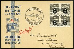 DÄNEMARK 1942 (5.4.) SSt: FREDERICIA/ LUFTPOSTUDSTILLINGEN/ DALUFO (Flugzeug) Klar Gest. Ausstellungs-Sonder-Kt.: "DALUF - Vliegtuigen