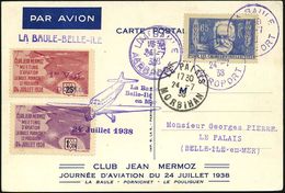 FRANKREICH 1938 (24.7.) Viol. 1K: LA BAULE/AEROPORT ,blaue Sonder-Kt.: CLUB JEAN MERMOZ/JOURNEE D'AVIATION.. + 2 Vign.:  - Vliegtuigen