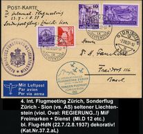 LIECHTENSTEIN /  SCHWEIZ 1937 (28.7.) 4. Internat. Flugmeeting Zürich, Zuleitung Von Liechtenstein Zum Sonderflug Zürich - Aerei