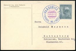 TSCHECHOSLOWAKEI 1937 (12.11.) Zweifarbiger SSt.: PARDUBICE 1/LETISTE/MEMORIAL ING. J. KASPARA Klar Auf S/w. Sonder-Kt.: - Vliegtuigen