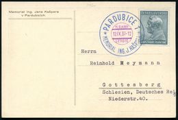 TSCHECHOSLOWAKEI 1937 (12.11.) Zweifarbiger SSt.: PARDUBICE 1/LETISTE/MEMORIAL ING. J. KASPARA Klar Auf S/w. Sonder-Kt.: - Avions