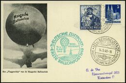 (22c) BERGNEUSTADT/ TAGUNG DES DAPC 1949 (14.5.) SSt Auf 30 Pf. Hannover-Messe + 5 Pf. Bauten (Mi.75, 105, + 16,50 EUR)  - Fesselballons