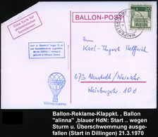 8059 WALPERTSKIRSCHEN/ A 1970 (21.3.) 1K = Landestempel + Blauer Ballon-HdN: AUGUSTA/X/BORDSTEMPEL + Blauer Ra.4: Start  - Fesselballons