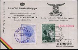 BELGIEN 1937 (20.6.) SSt: BRUXELLES../COUPE-BEKER GORDON BENNETT (Brüssel - Riga) + Blaue Ballon-Vign. + Viol. HdN: BALL - Luchtballons