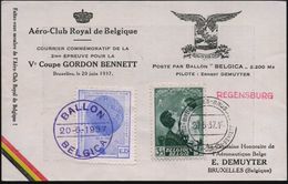 BELGIEN 1937 (20.6.) SSt: BRUXELLES../COUPE-BEKER GORDON BENNETT (Brüssel - Riga) + Blaue Ballon-Vign. + Viol. HdN: BALL - Montgolfier