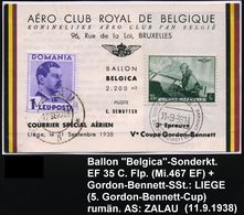 BELGIEN /  RUMÄNIEN 1938 (11.9.) SSt: LIEGE/COUPE GORDON BENNETT XXVIe EPREUVE (Mi.467) + Rumän. Frankatur (2K: ZALAU) D - Luchtballons