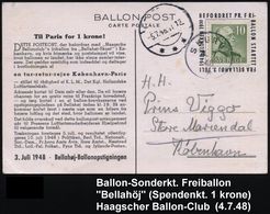 SCHWEDEN 1948 (4.7.) Freiballon "Bellahöj" (Haagsche Ballonclub) 1K: SKURUP , Ballon-Spenden-Sonder-Kt. N. Kopenhagen - - Luchtballons