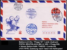 TSCHECHOSLOWAKEI 1978 (16.9.) Ballon-LU 6 Kc. "Praga 78" + Amtl. Zudruck: POFIS.. PBRATISLAVA + Blauer Ballon-HdN: TABOR - Montgolfières