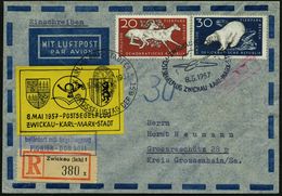 ZWICKAU (SACHS) 1/ POSTSEGELFLUG ZWICKAU-KARL-MARX-STADT 1957 (8.5.) SSt = Segelflugzeug + RZ: Zwickau (Sachs) 1/x + Gel - Vliegtuigen