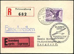 LIECHTENSTEIN 1946 (21.4.) 1. Liechtenst. Postsegelflug + Segelflug-HdN: MASESCHAA-/SCHAAN ,1K: TRIESENBERG Auf Flp. 50  - Vliegtuigen