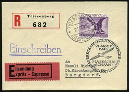 LIECHTENSTEIN 1946 (21.4.) 2 Fr. Bartgeier, EF + 1K U. RZ: Triesenberg + Amtl. HdN: ERSTE LIECHTENSTEINISCHE SEGELFLUGPO - Flugzeuge